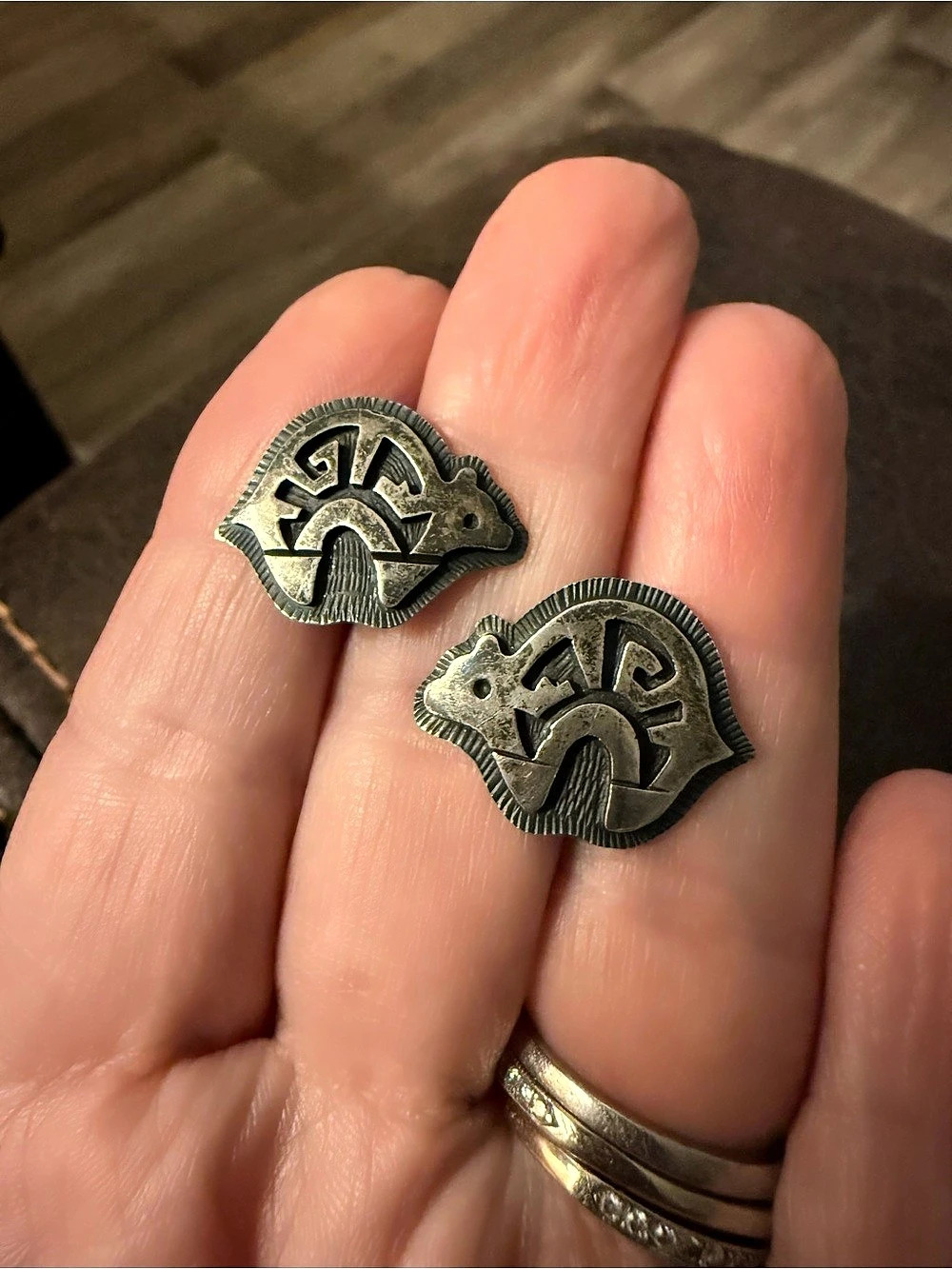 Mark Tawahongva Hopi Sterling Silver BEAR Overlay Post EARRINGS